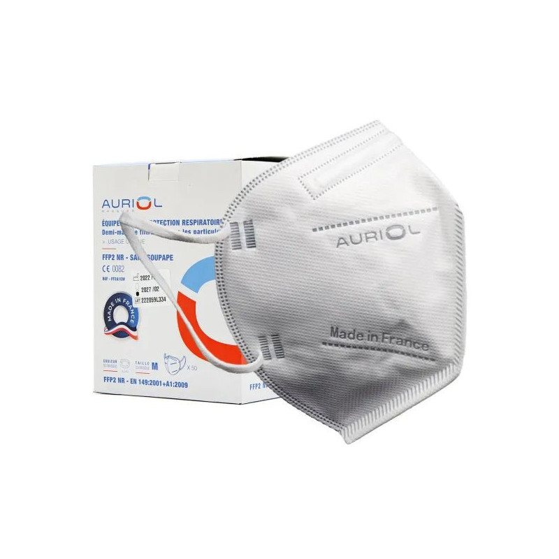 Masque FFP2 Auriol – Fabriqué en France - boite de 50 masques (10 sachets de 5 masques) - EN149:2001+A1:2009