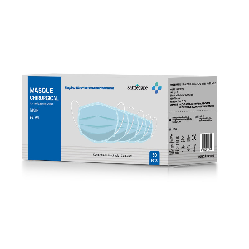 Masque Chirurgical Adulte Bleu Type IIR SANTECARE - Boîte de 50 masques (sachets de 10) Masque Chirurgical Adulte Bleu Type IIR SANTECARE - Boîte de 50 masques (sachets de 10)