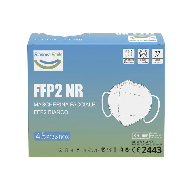 Masque FFP2 NR Blanc - Rinnova Smile - Boîte de 45 masques (sachets unitaires) - DLC 2028