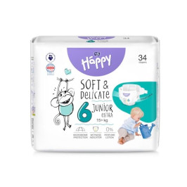 Couches Bébé Junior T6 (+15kg) Sachet de 34 - HAPPY | Planète Masques