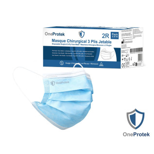 OneProtek - Boîte de 50 Masques Médicaux 3 Plis Type IIR - Non-tissé à Usage Unique - 5 Sachets de 10 Masques