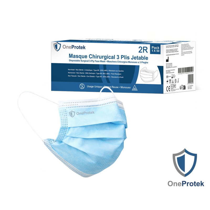 OneProtek - Boîte de 50 Masques Médicaux bleu 3 Plis EN 14683 Type IIR OneProtek - Boîte de 50 Masques Médicaux bleu 3 Plis EN 14683 Type IIR
