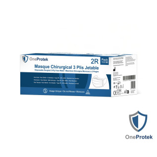 OneProtek - Boîte de 50 Masques Médicaux 3 Plis EN 14683 Type IIR - Non-tissé à Usage Unique - Bleu Clair