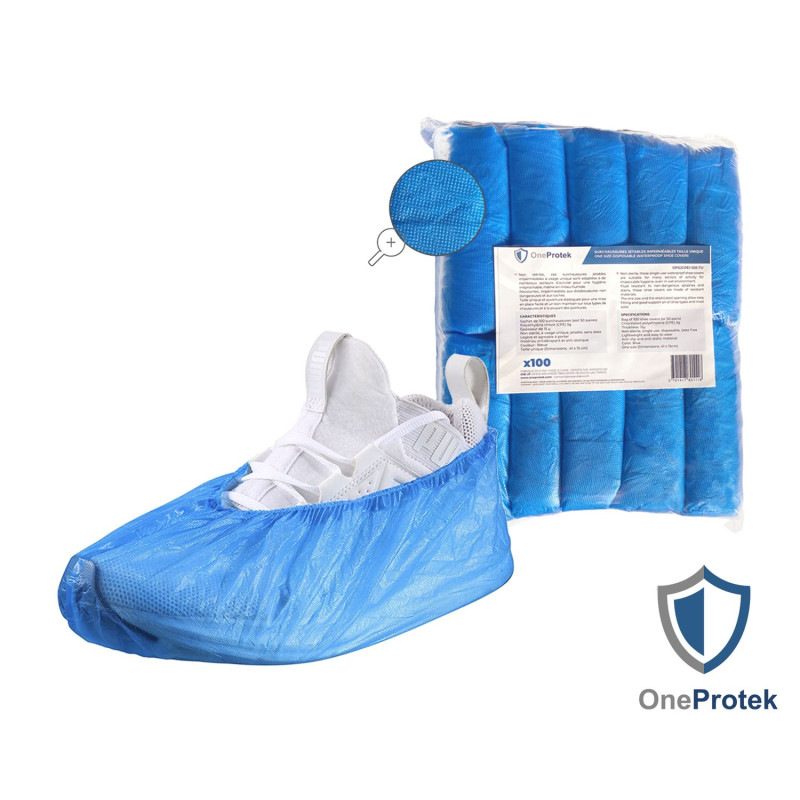 OneProtek - Sachet de 100 Surchaussures Jetables en Polyéthylène Chloré Imperméables - Taille Unique - Bleu