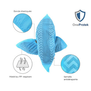 OneProtek - Sachet de 100 Surchaussures Jetables en Polypropylène non tissé Anti-dérapant - Taille Unique - Bleu