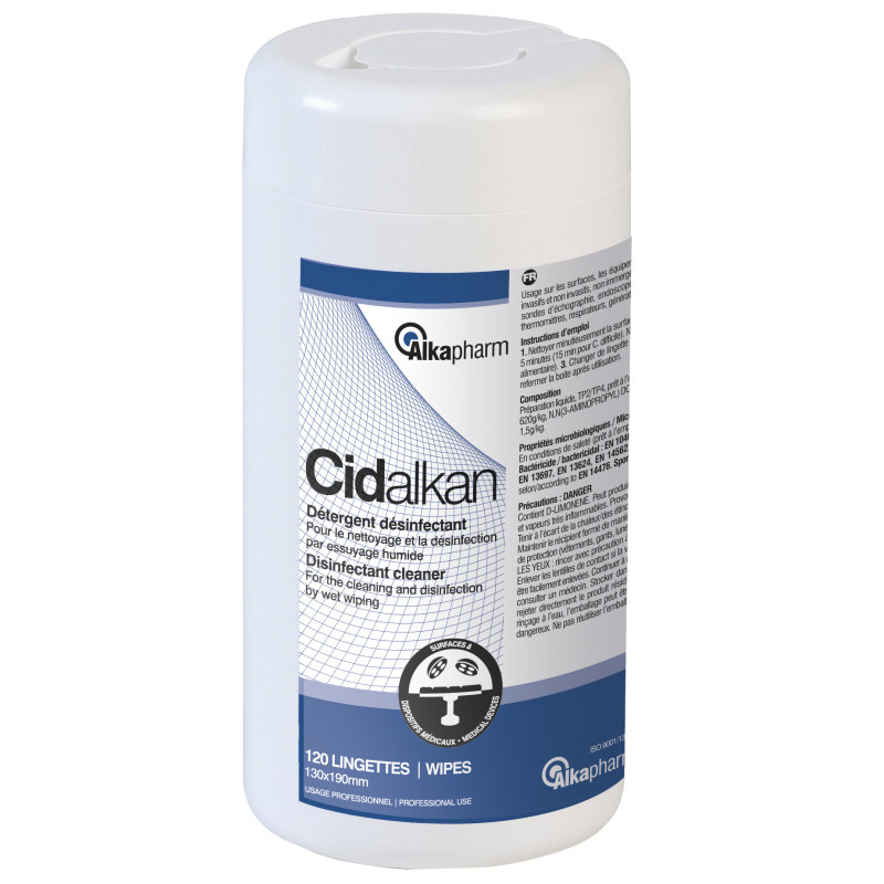 Cidalkan Lingettes Boîte de 120 - Détergent Désinfectant à Base d'Alcool