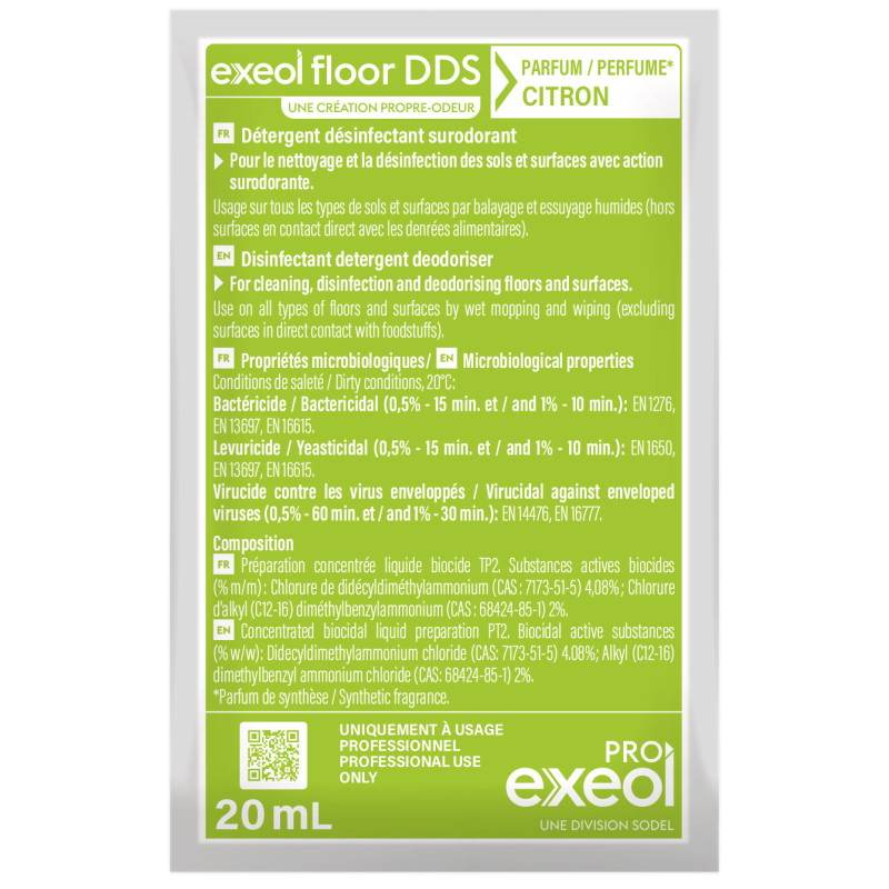 Exeol Floor DDS Dose 20mL Parfum Citron - Détergent Désinfectant Surodorant Exeol Floor DDS Dose 20mL Parfum Citron - Détergent Désinfectant Surodorant