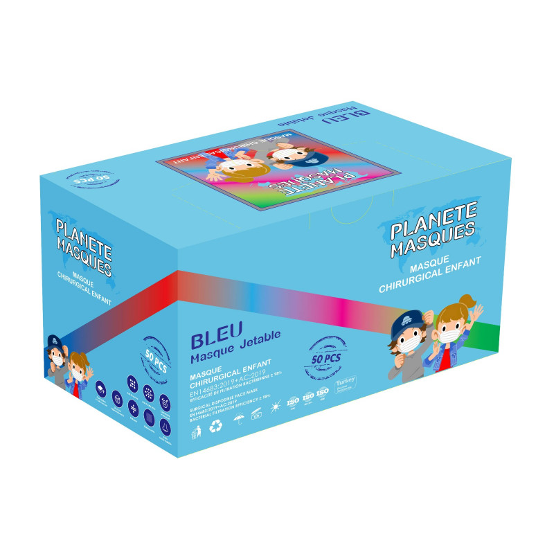 Masque chirurgical Enfant Type 2R – Bleu – Boite de 50 masques - Carton de  36 boites
