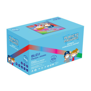 Masque chirurgical Enfant Type 2R – Bleu – Boite de 50 masques - Carton de 36 boites